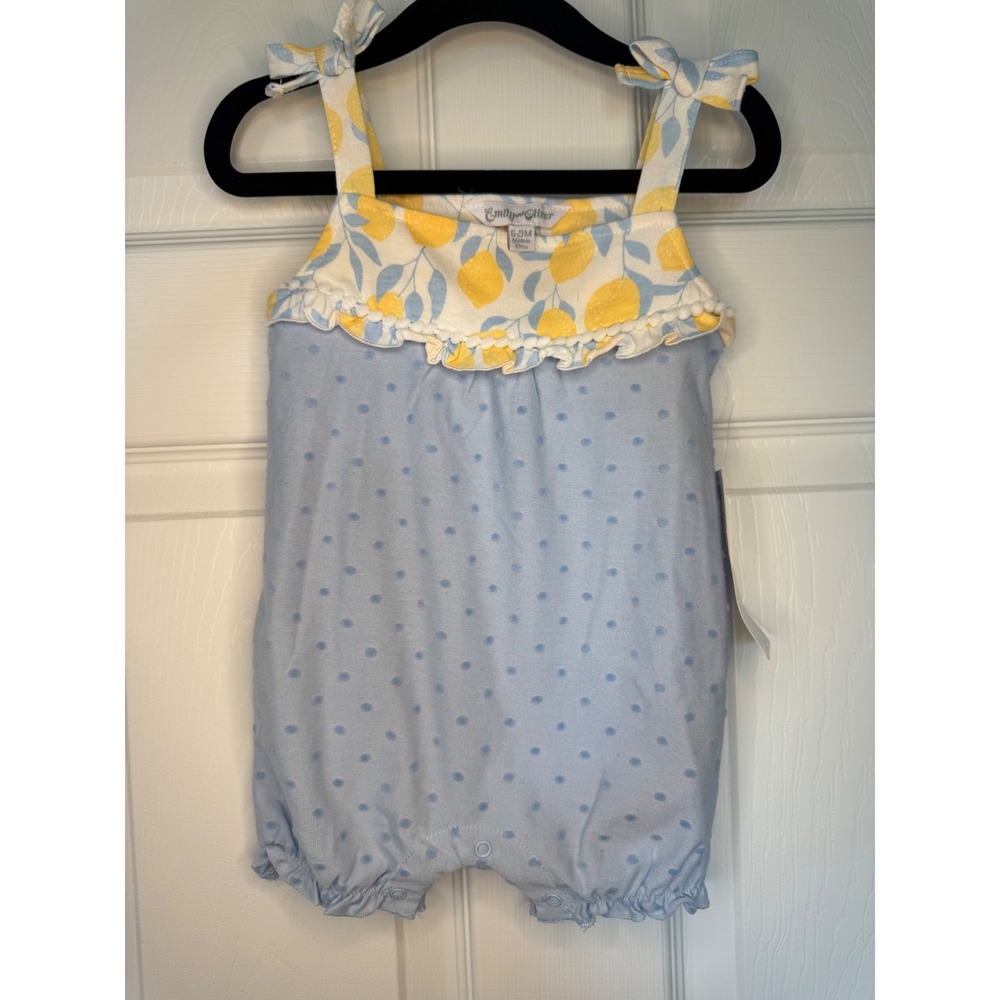 Emily and Oliver Baby Girl Lemon Swiss Dot Romper Blue Yellow 6-9M NWT